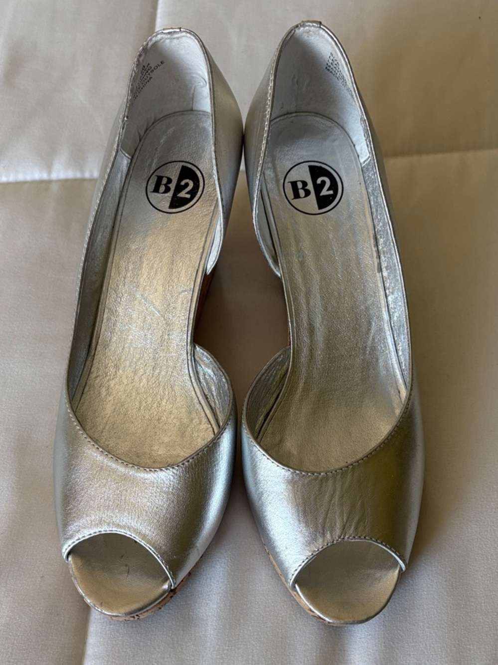 B2 Silver Peep-Toe Wedge Heels